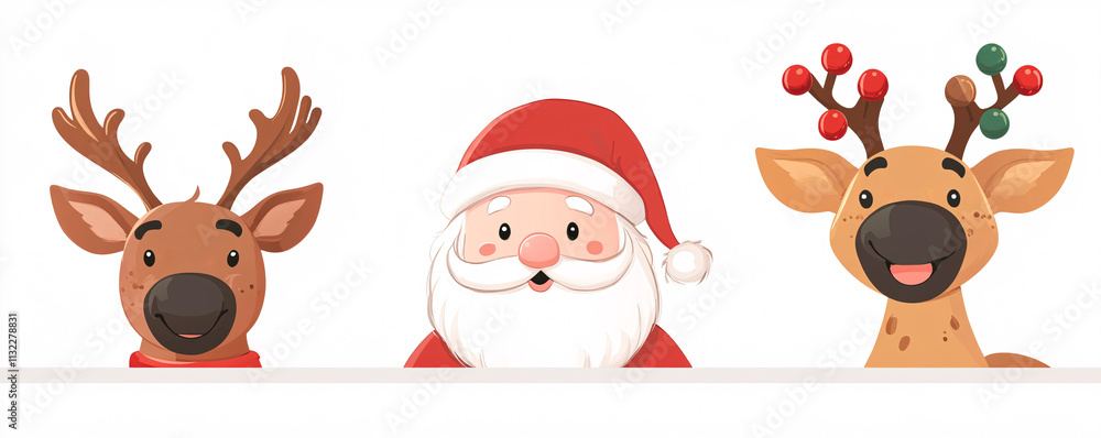 Obraz premium Cartoon faces of Santa Claus and his reindeer, winter style, white background.