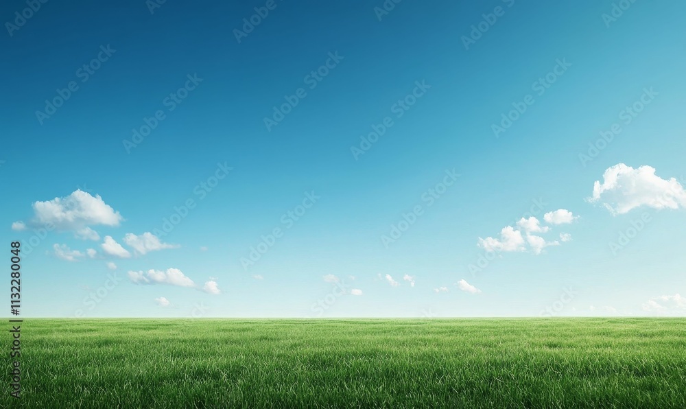 Obraz premium Vast green field, blue sky, fluffy clouds.