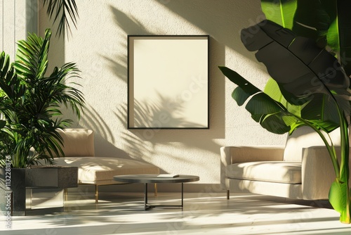 Simple room with a frame without image, green plants, and minimal seating for product exhibition.