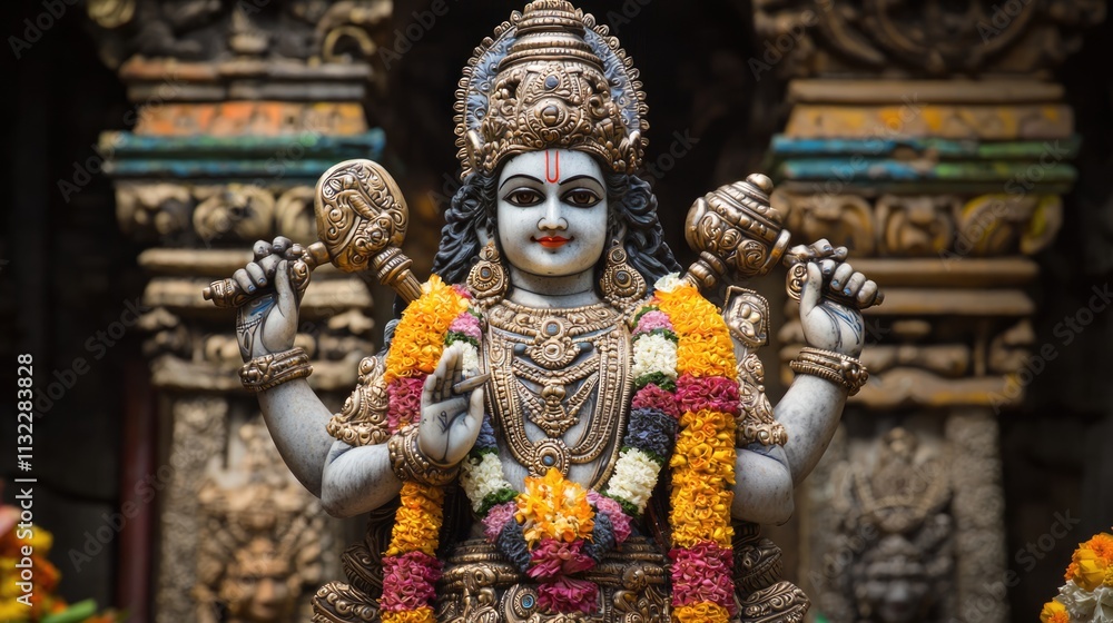 Fototapeta premium Vishnu is the god of Preservation, the great maintainer who often appears in various incarnations avatara to provide salvation for humanity Some of his best-known avatars who are tremendously pop. AI