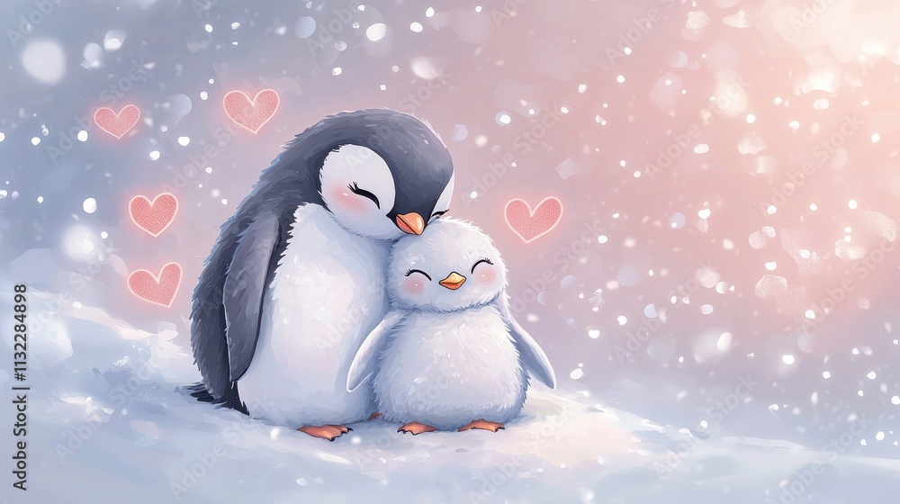Two adorable penguins snuggling together in a snowy landscape, surrounded by falling snowflakes and hearts, symbolizing love and warmth. Two adorable penguins snuggling together in a snowy landscape, surrounded by falling snowflakes and hearts, symbolizing love and warmth.