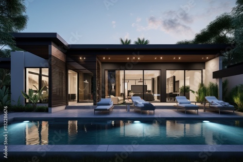 Wallpaper Mural Modern House with Pool and Evening Lighting Torontodigital.ca