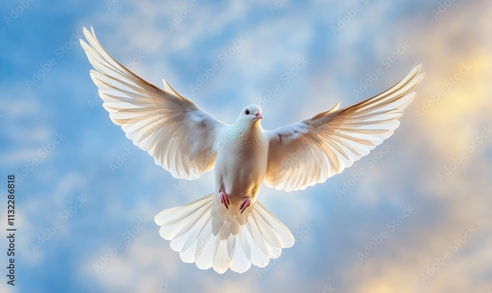 Obraz premium White bird soaring, wings spread, cloudy sky.