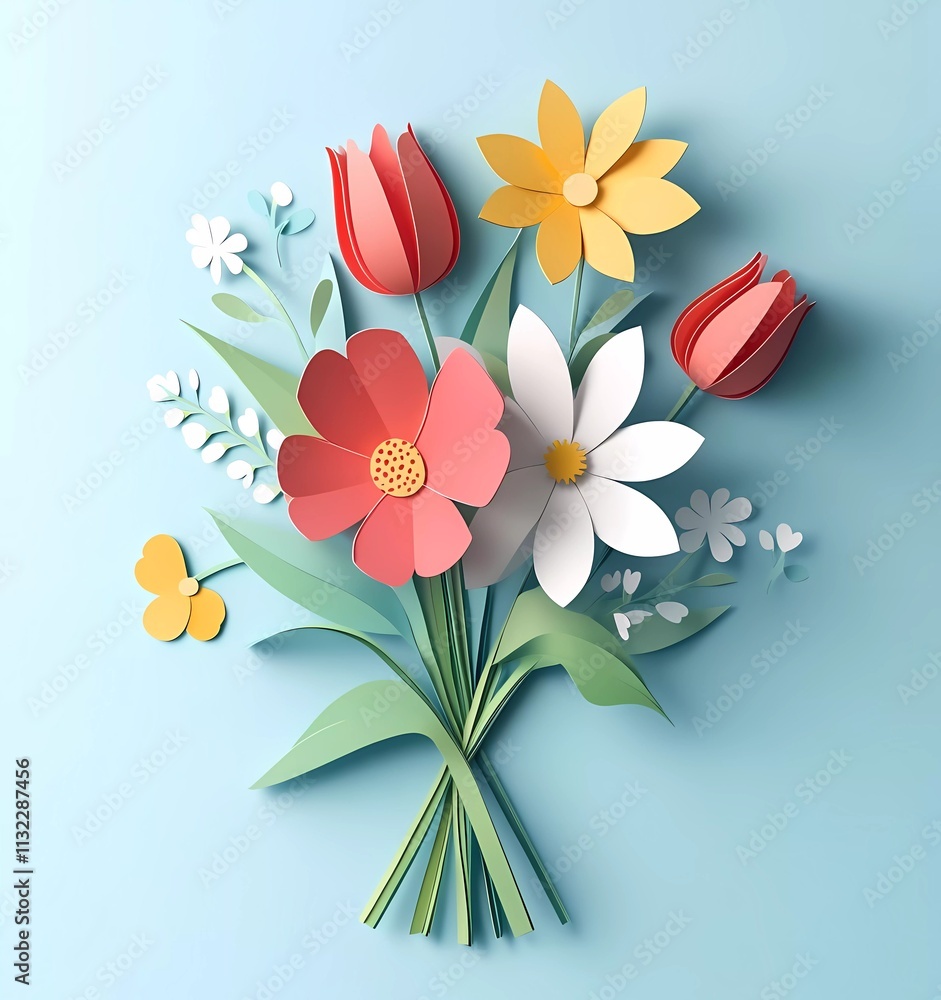3D paper-cut spring flowers bouquet, flat lay, top view. Colorful, cartoon-style, simple background, flat illustration, flat design.