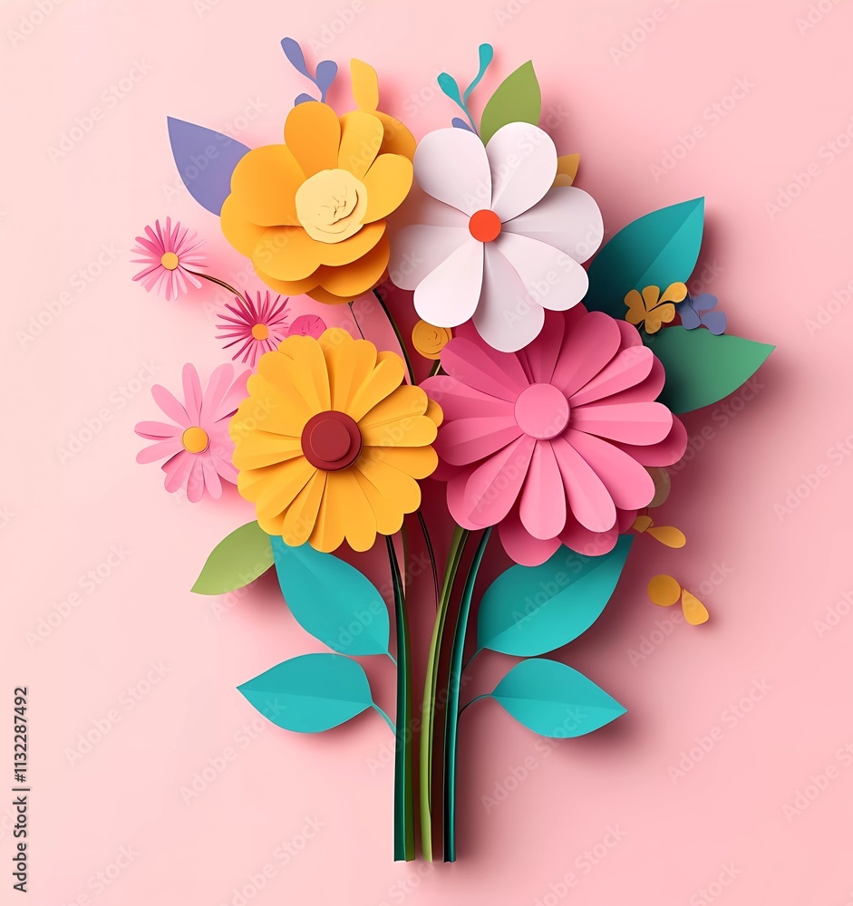 3D paper-cut spring flowers bouquet, flat lay, top view. Colorful, cartoon-style, simple background, flat illustration, flat design.