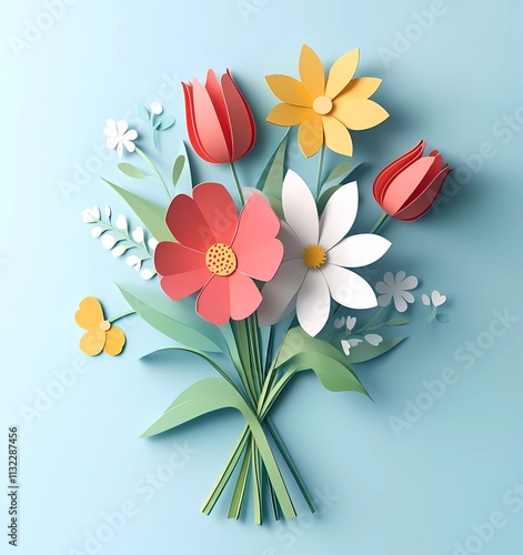Obraz na płótnie 3D paper-cut spring flowers bouquet, flat lay, top view. Colorful, cartoon-style, simple background, flat illustration, flat design. w salonie