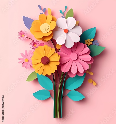 Obraz na płótnie 3D paper-cut spring flowers bouquet, flat lay, top view. Colorful, cartoon-style, simple background, flat illustration, flat design. w salonie
