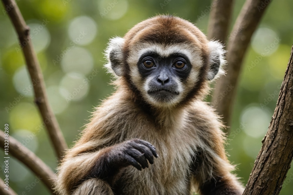 Obraz premium Close view of Gibbon cub against natural environment blurred background.