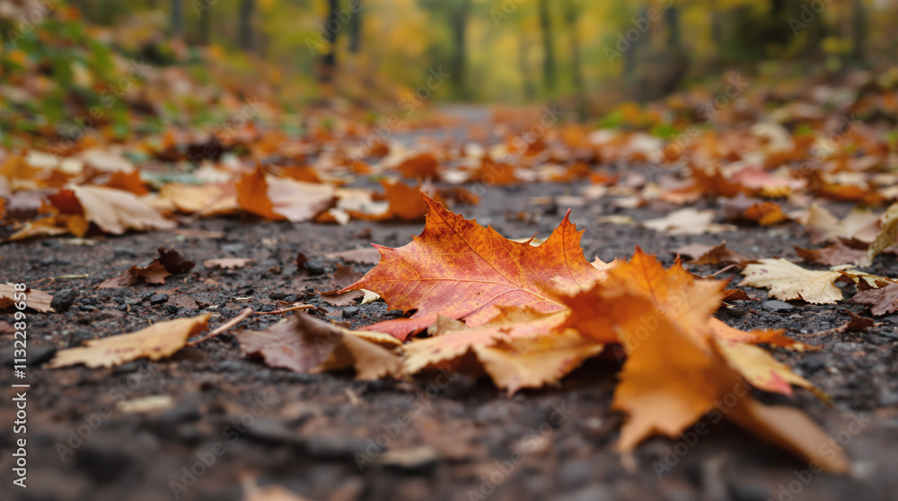 Close-up of autumn leaves on a forest trail