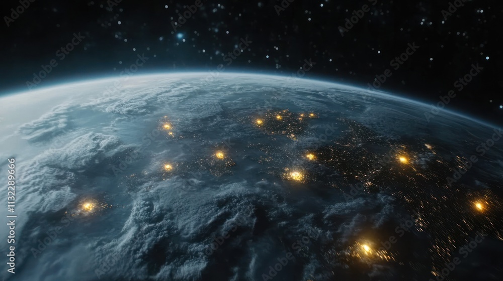 Fototapeta premium Earth seen from space with glowing nodes representing major cities, hyper-realistic