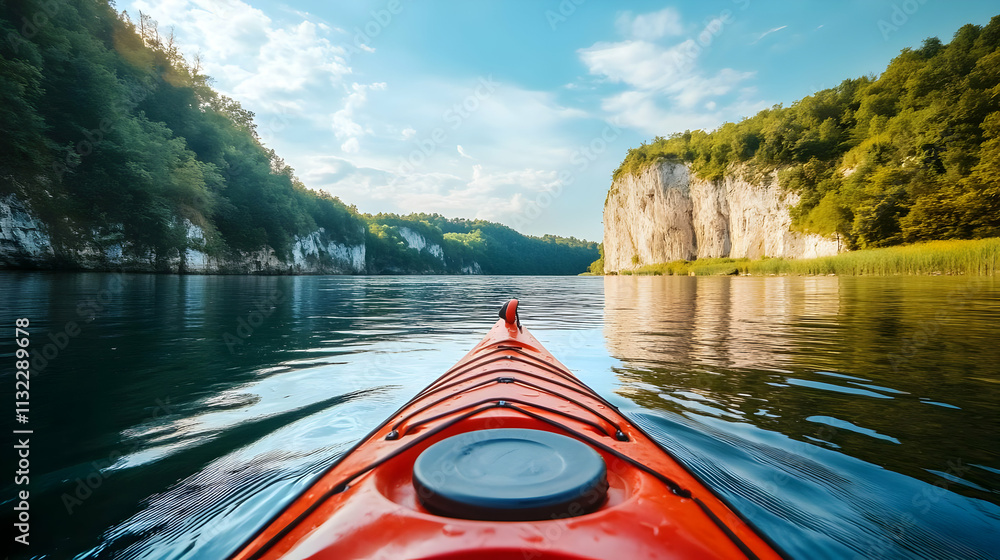Fototapeta premium Kayaking Adventure: Serene River Landscape Photo