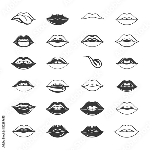 A Collection Of 24 Black And White Mouths With Various Expressions