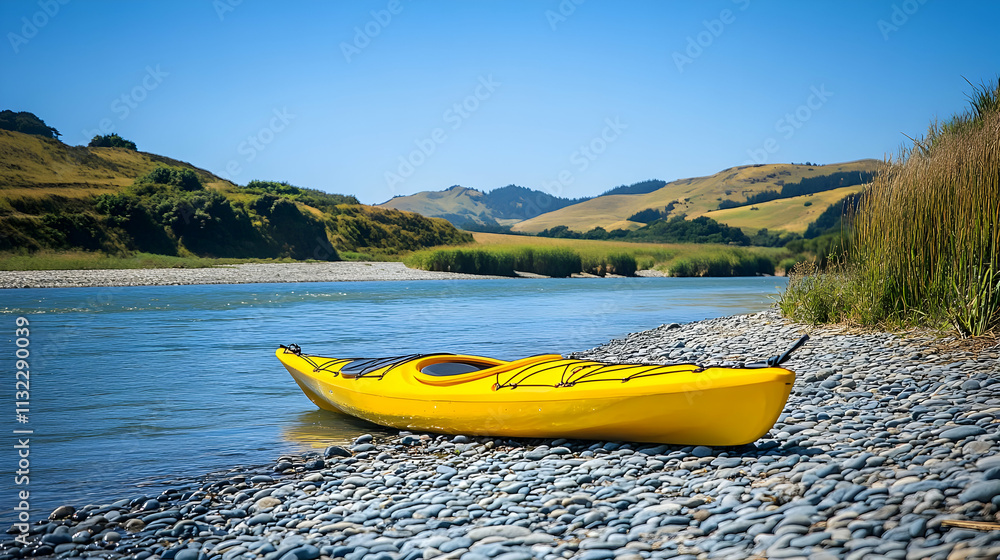 Fototapeta premium Yellow Kayak on Rocky Riverbank, Scenic Landscape Illustration
