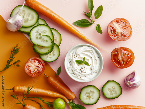  a bowl of creamy yogurt dip surrounded by fresh vegetable sticks like car photo