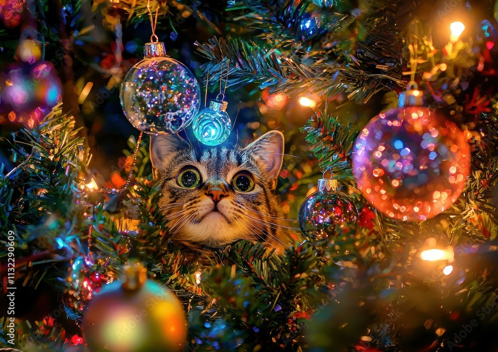 Fototapeta premium A curious kitten peeks from behind a Christmas tree. AI.