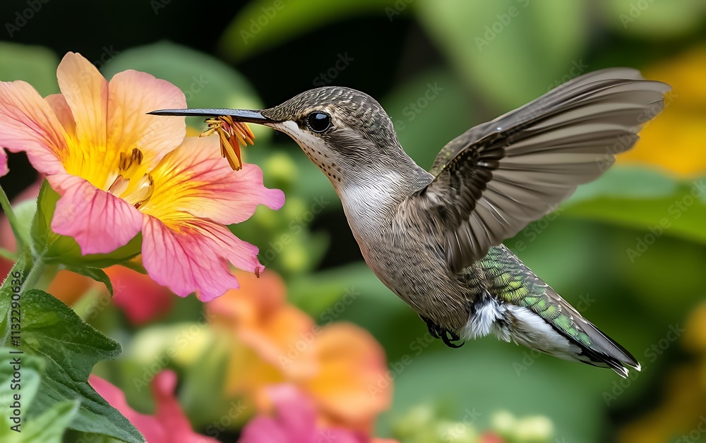Fototapeta premium Hummingbird in flight feeding on nectar from a pink flower.