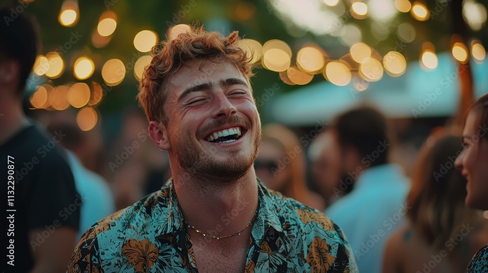 Obraz premium A young man smiles brightly outdoors. AI.