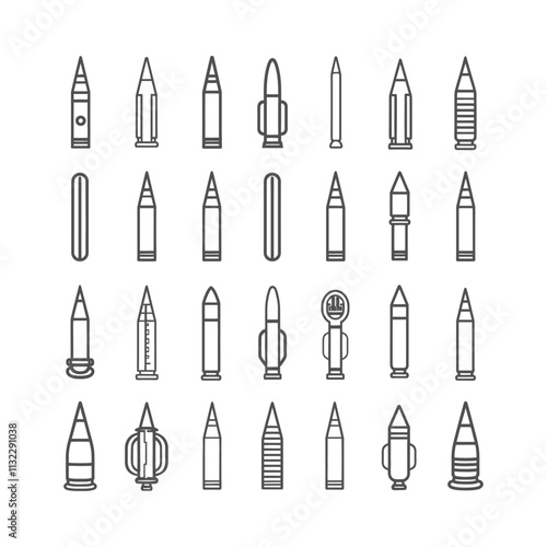 A Collection Of 28 Outline Illustrations Depicting Different Types Of Missiles