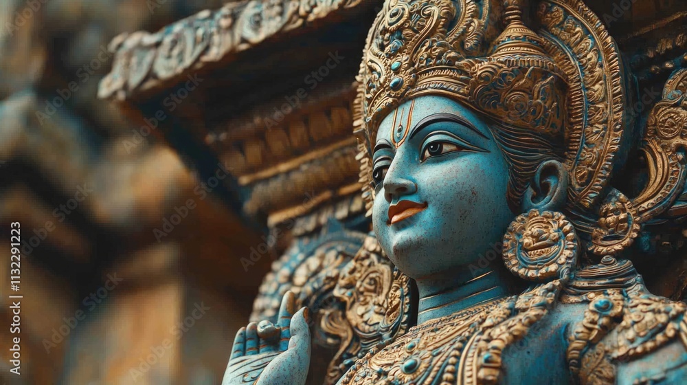 Fototapeta premium Vishnu is the god of Preservation, the great maintainer who often appears in various incarnations avatara to provide salvation for humanity Some of his best-known avatars who are tremendously pop. AI