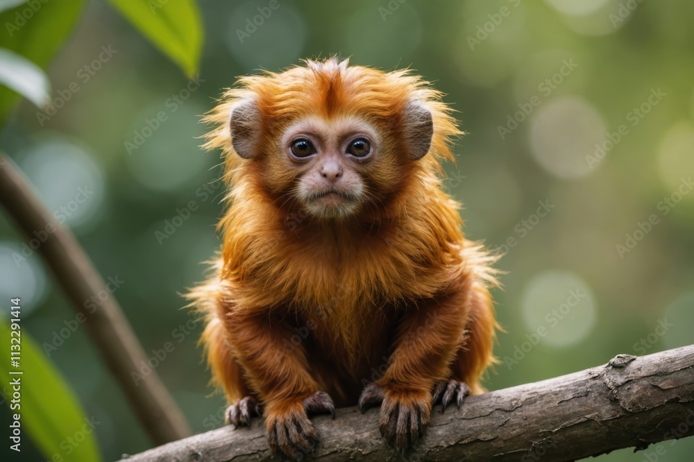 Fototapeta premium Close view of Golden Lion Tamarin cub against natural environment blurred background.