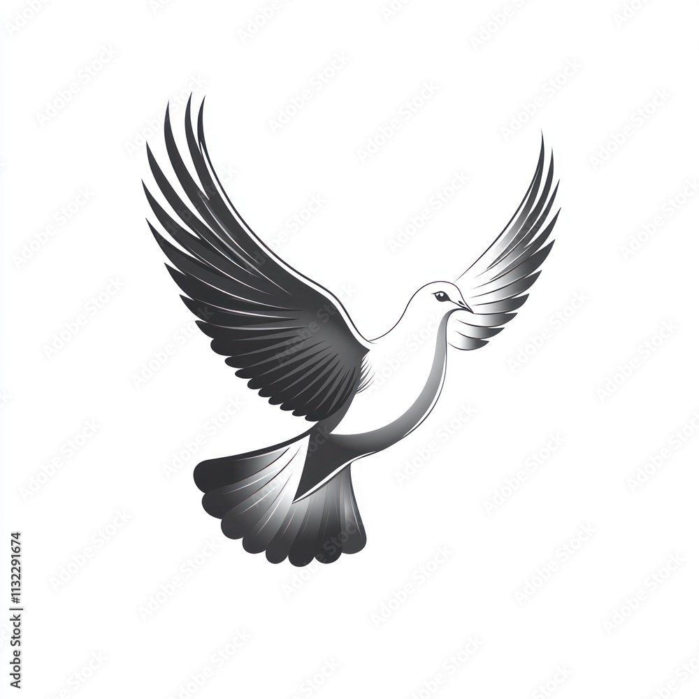 Fototapeta premium Monochrome dove in flight, wings spread wide, isolated on white background.