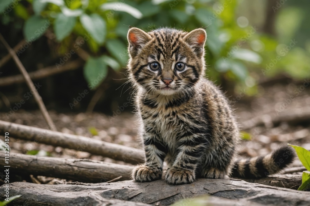 Fototapeta premium Close view of Fishing Cat cub against natural environment blurred background.