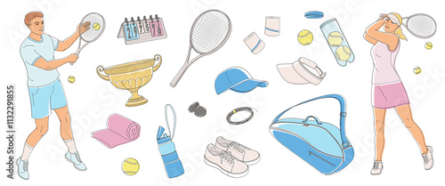 man and women in tennis uniform with tennis racket and tennis equipment set, racket, ball, shoes, bag, tennis strings, vibration dampener, towel, wristbands