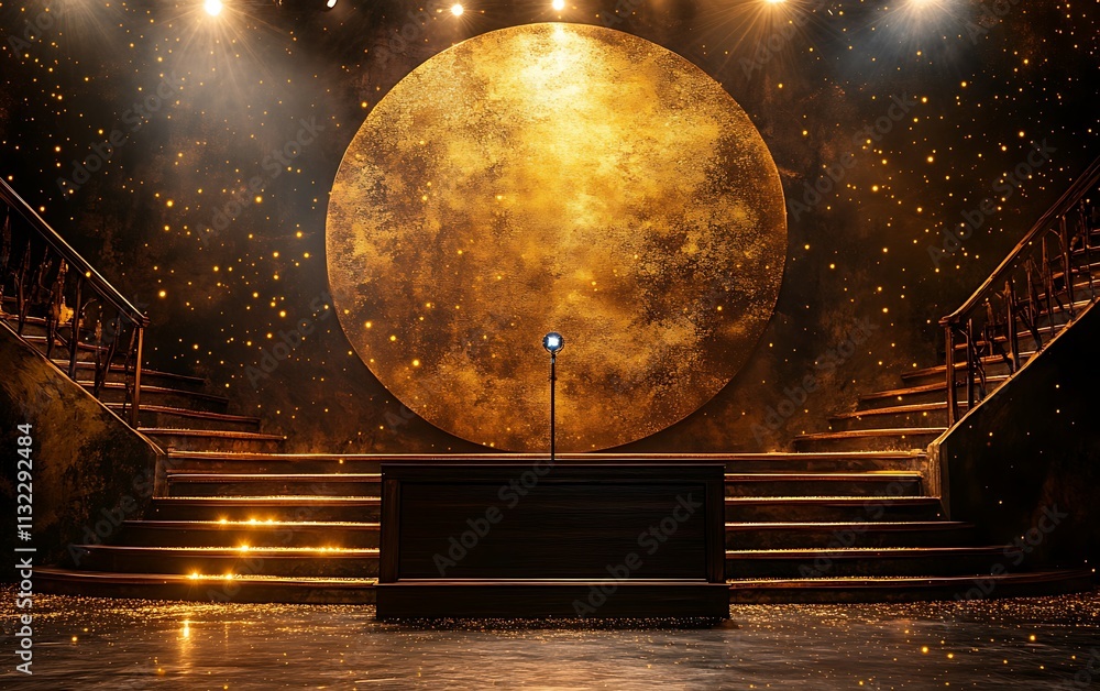 Obraz premium Elegant stage with golden moon backdrop, stairs, and a microphone on a wooden podium.