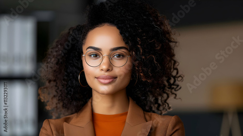 Ultra-sharp image of a confident businesswoman with vitiligo, modern office backdrop photo