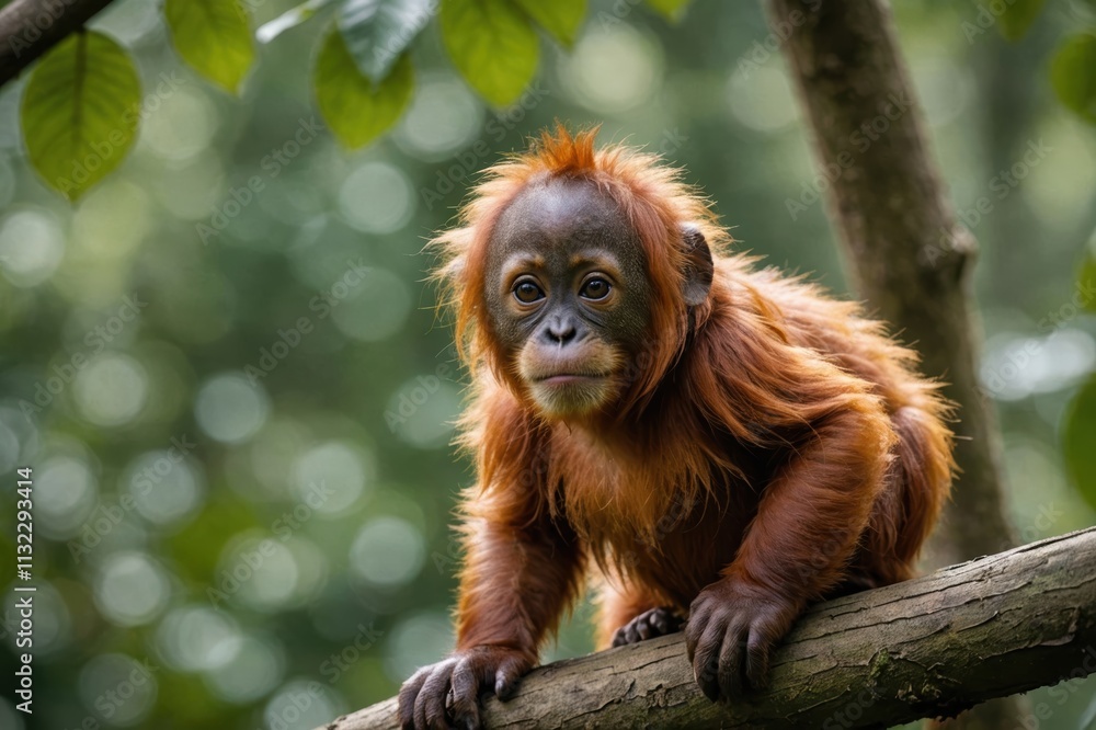 Fototapeta premium Close view of Sumatran Orangutan cub against natural environment blurred background.
