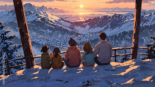 A family watching the first sunrise from a snowy mountain peak, new year background theme photo