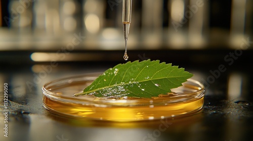 A dropper releasing liquid onto a leaf in a petri dish, illustrating a scientific experiment. photo