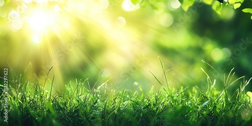 Lush green grass background illuminated by sun beams. Captivating bright natural bokeh enhances the scene. A soft focus highlights the vibrant green grass for a serene atmosphere.