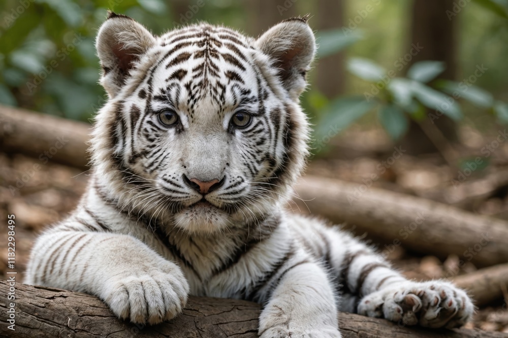 Fototapeta premium Close view of White Tiger cub against natural environment blurred background.