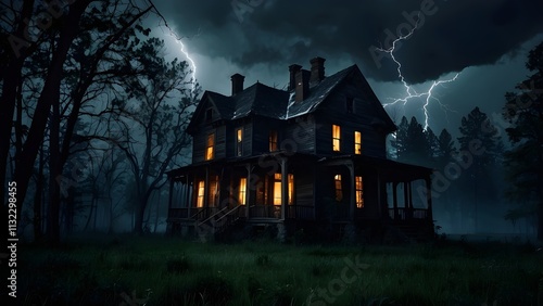 Dark stormy night, eerie house, lightning strikes, mysterious atmosphere, illuminated windows, moody forest, haunting landscape, dramatic weather, tension filled scene, supernatural elements  photo