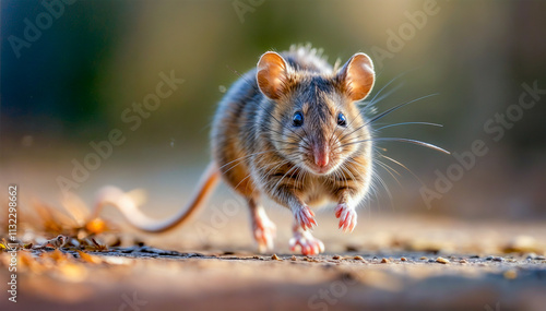 Small brown rodent scurries across a sunlit pathway in a natural setting during early morning hours photo