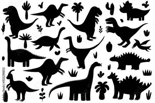 Cute dinosaurs silhouettes collection. Dino characters shadows set. Diplodocus, tyrannosaurus rex, velociraptor and other. Vector illustration