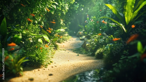 Serene Jungle Stream: A Digital Paradise of Lush Greenery and Vivid Fish photo