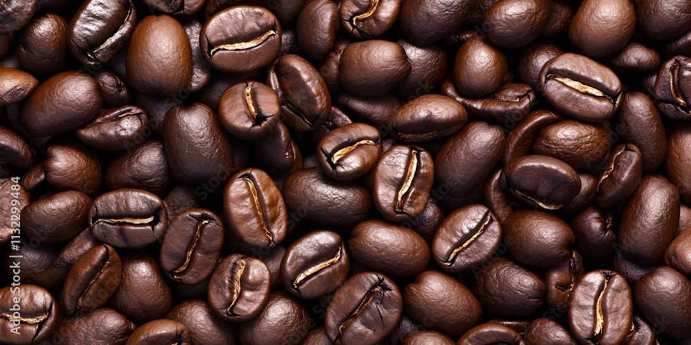 Obraz premium A close-up view of various roasted coffee beans arranged closely together. Concept Roasted Coffee Beans, Close-Up Photography, Coffee Varietals, Textures and Colors, Aroma of Fresh Brew