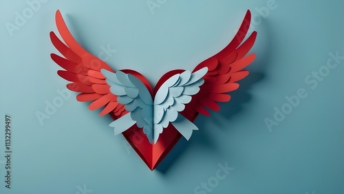 heart, wings, love, creativity, concept, design, minimalism, decoration, illustration, paper art, valentine s day, romance, blue background, red heart, angelic, emotional, graphic design, modern, aes  photo