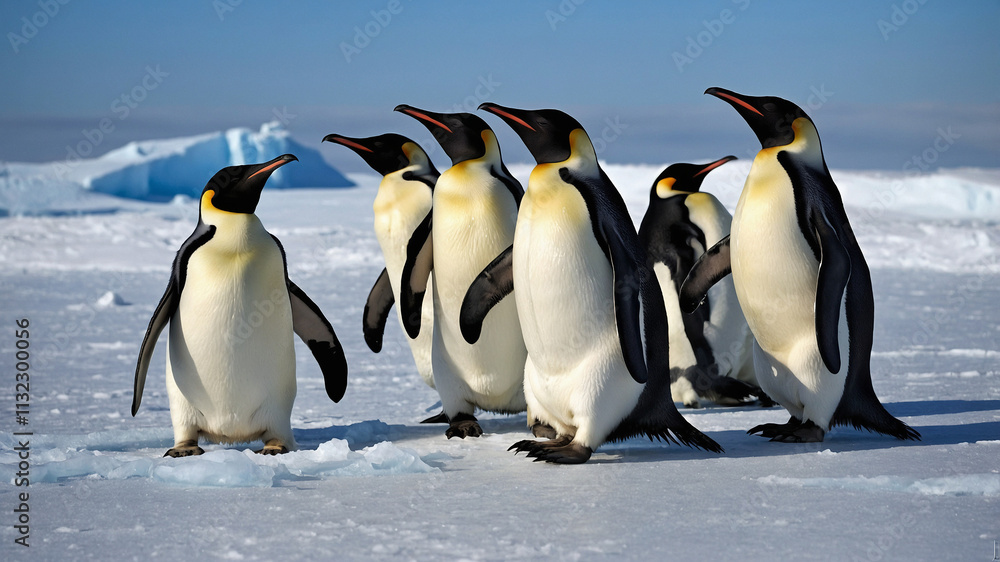 Obraz premium A group penguin sliding down an icy slope