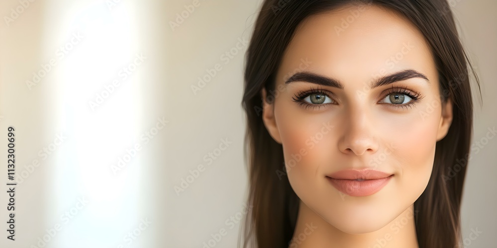 Naklejka premium A close-up portrait of a woman with long dark hair and striking green eyes, smiling softly against a light background. Concept Close-Up Portrait, Striking Green Eyes, Long Dark Hair, Soft Smile
