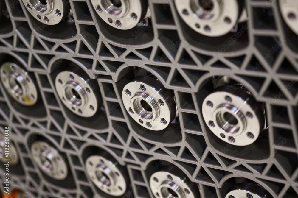 Fototapeta premium Lots of crankshafts for car engines. The shafts are installed in special boxes, only the connecting flanges are visible