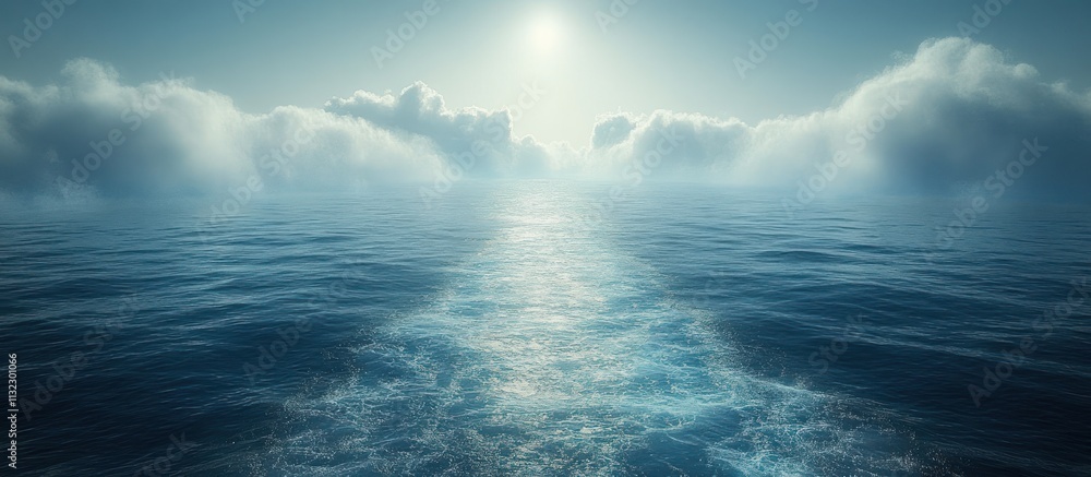 Fototapeta premium Serene ocean scene with sunlit wake and clouds.