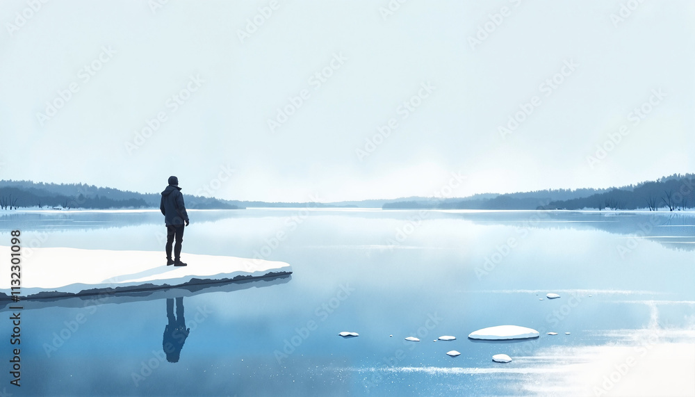 Naklejka premium Person standing on the edge of an icy lake in winter, surrounded by a serene snowy landscape