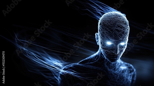 Glowing humanoid figure made of streaks of blue light, symbolizing technology and futuristic visuals.