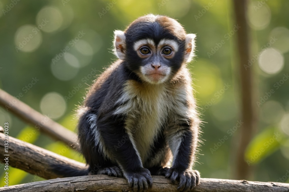 Obraz premium Close view of De Brazza's Monkey cub against natural environment blurred background.