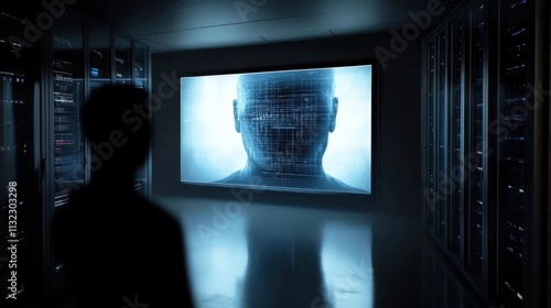 Futuristic server room with modern AI technology, silhouette watching a humanlike digital display.