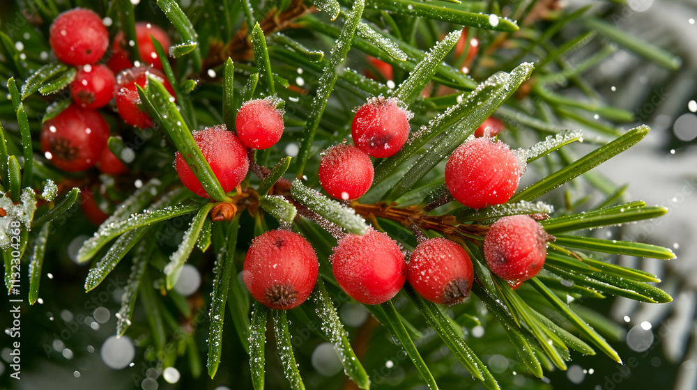 Obraz premium Frosted Winter Berries on Evergreen Branch