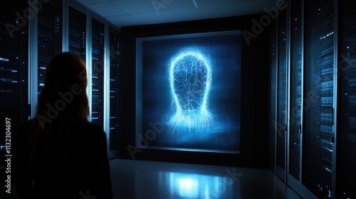 Silhouette of AI interface in server room, symbolizing technology, data, innovation, artificial intelligence, and networking. 